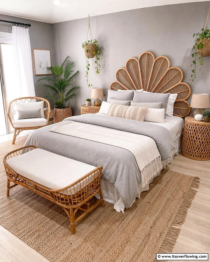 Rattan Furniture for a Natural Touch - 20 Grey Boho Bedroom Ideas for a Cozy Vibe