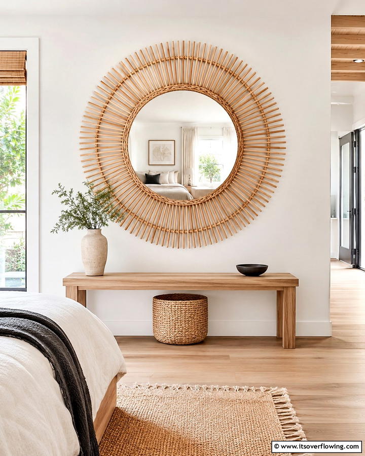 Rattan Wall Mirrors for Brightening Spaces - 25 Rattan Bedroom Furniture Ideas for a Cozy Look