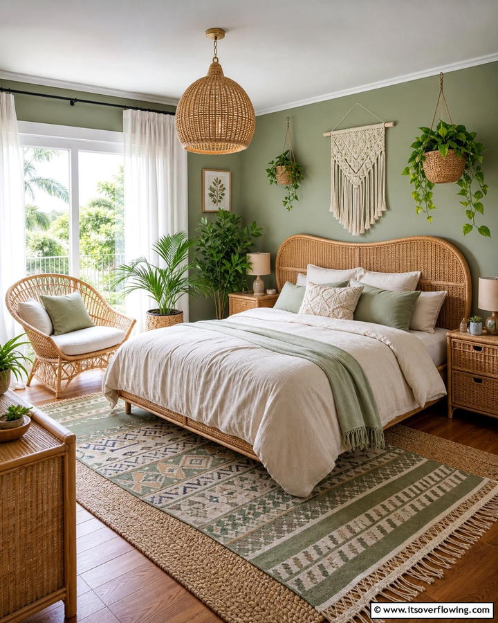 Rattan and Wicker Furniture - 25 Boho Sage Green Bedroom Ideas for a Serene Retreat
