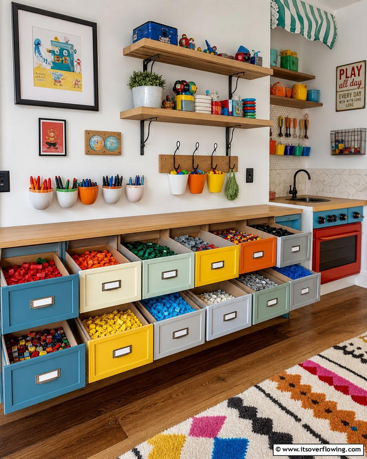 Re purposed Kitchen Drawers - 30 Creative Lego Storage Ideas to Organize Kids’ Spaces