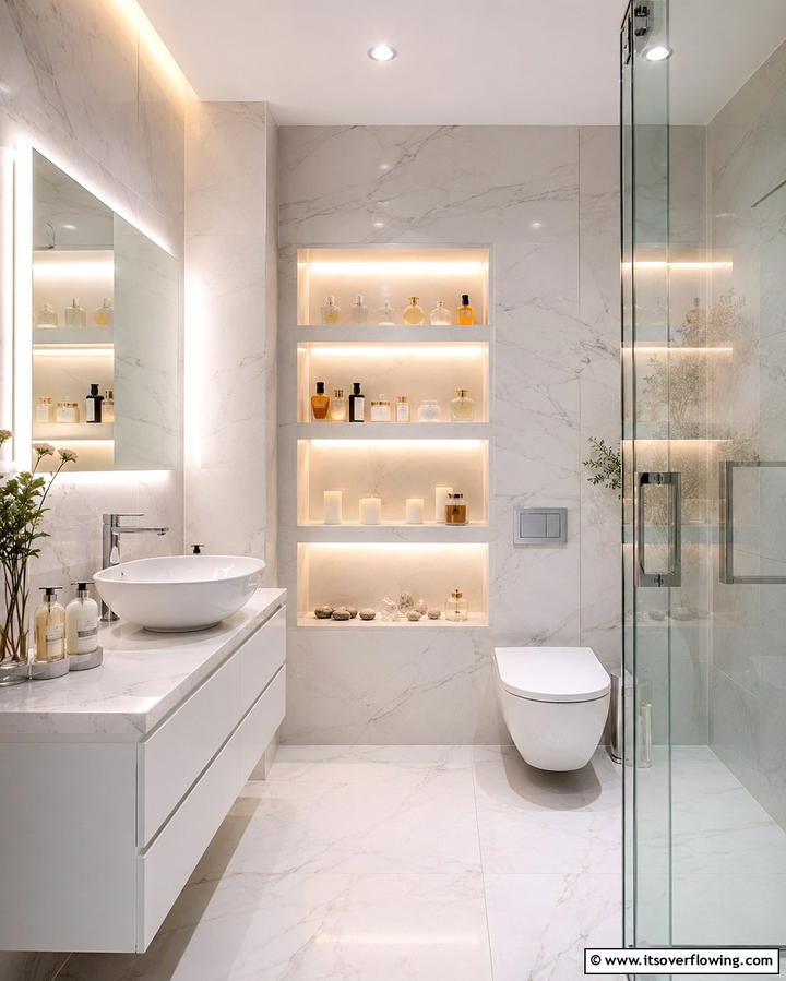Recessed LED Shelves - 30 Small Bathroom Shelving Ideas for Smart Storage