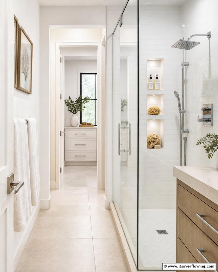 Recessed Shelving - 25 Hallway Bathroom Ideas to Maximize Small Spaces