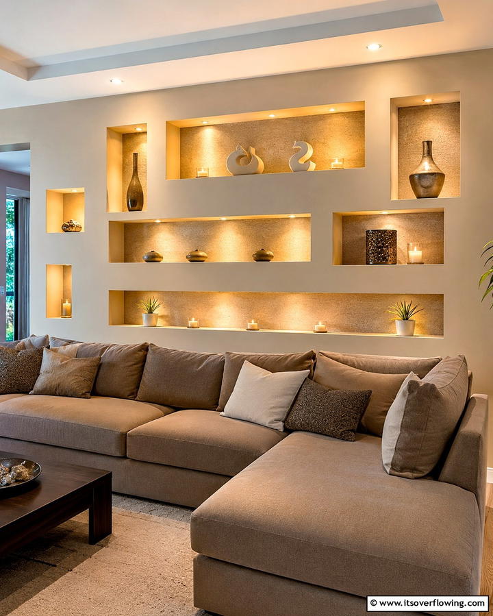 Recessed Wall Shelves for Space Efficiency - 30 Living Room Shelf Ideas for Stylish Storage Solutions
