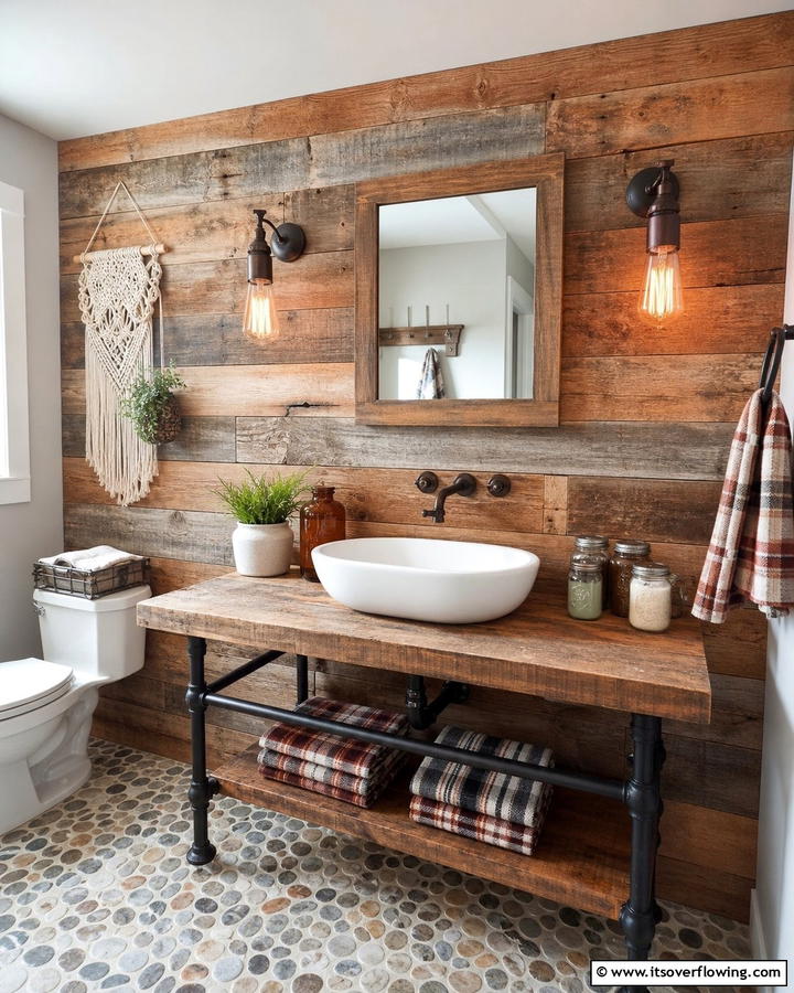 Reclaimed Barn Wood Warmth - 21 Bathroom Accent Wall Ideas for Bold & Textured Designs