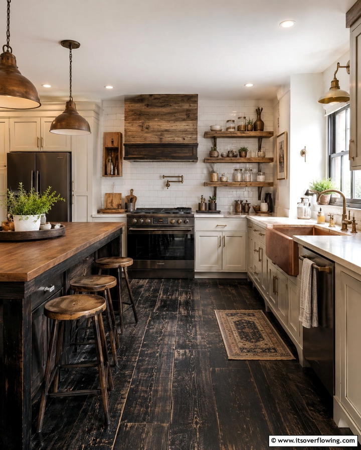 Reclaimed Black Wood Charm - 30 Sleek Black Floor Kitchen Ideas for Contemporary Designs