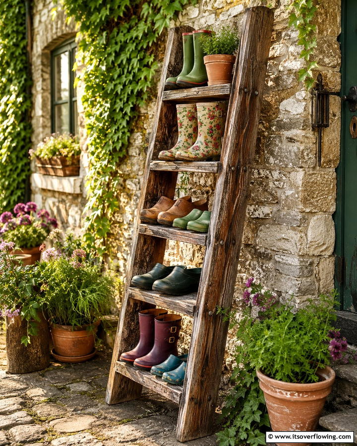 Reclaimed Ladder Shoe Rack - 25 Outdoor Shoe Storage Ideas for Organized Spaces
