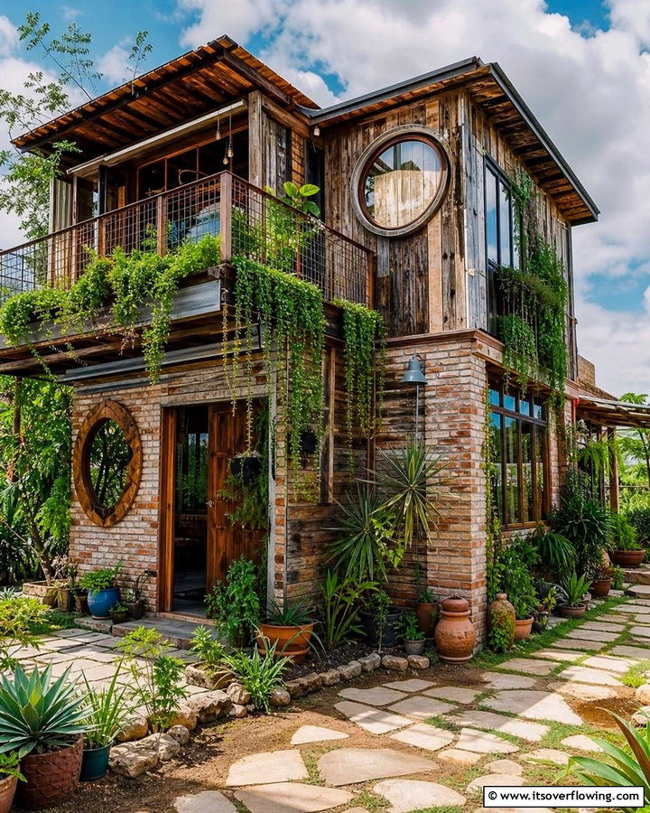 Reclaimed Materials for Sustainability - 25 Boho House Exterior Ideas for a Unique and Colorful Look
