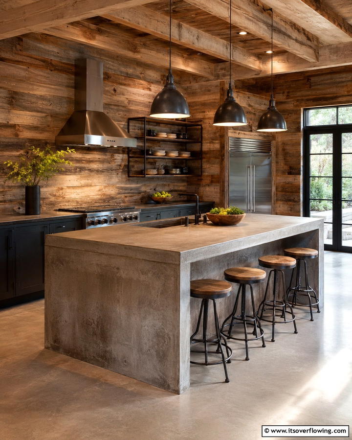 Reclaimed Shiplap with a Concrete Island - 20 Kitchen Shiplap Ideas with Kitchen Island Designs