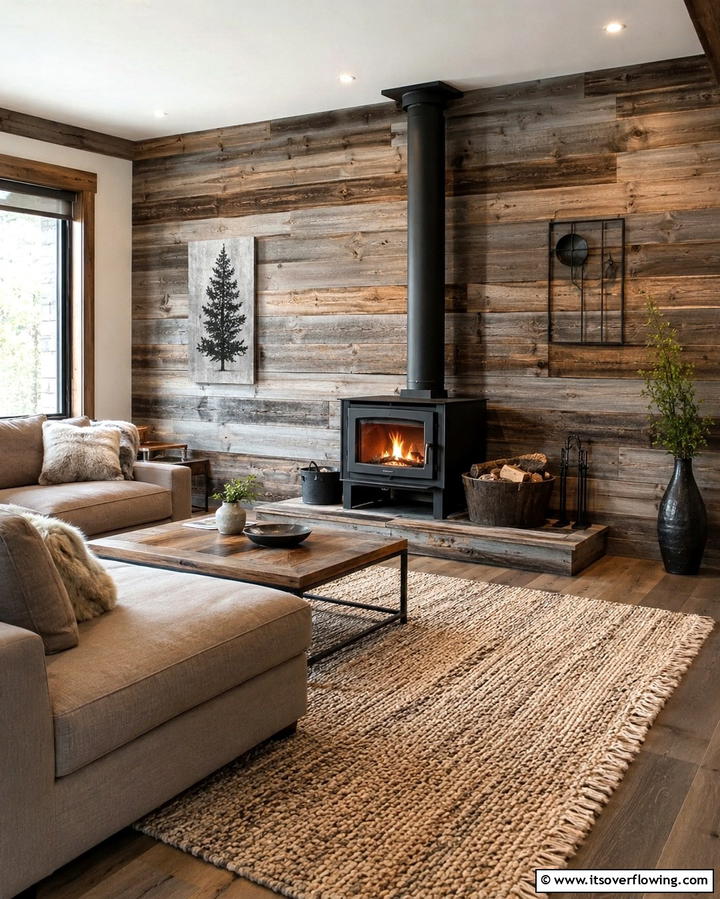 Reclaimed Wood Accent Walls - 30 Cozy Wood Stove Surround Design Inspirations