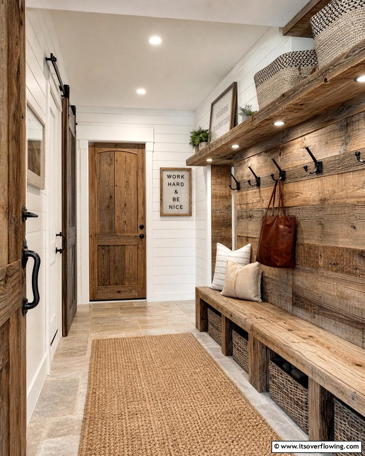 Reclaimed Wood Accents for Authenticity - 20 Farmhouse Mudroom Ideas for a Rustic Entryway