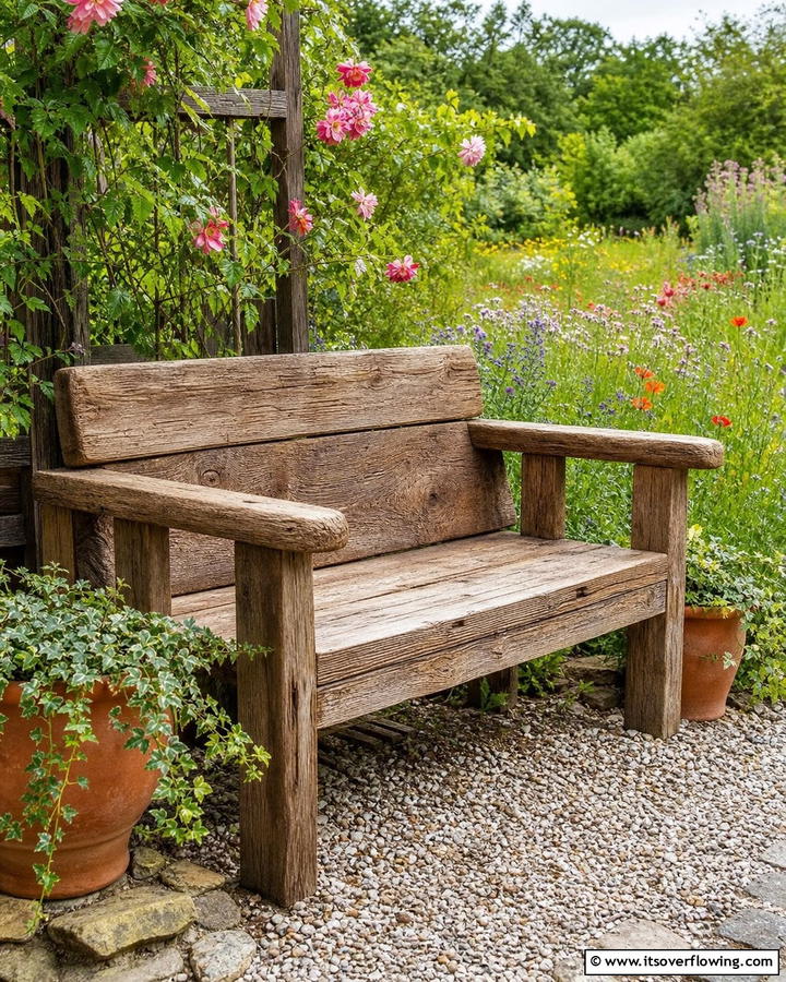 Reclaimed Wood Bench Charm - 30 Charming Garden Bench Ideas for Relaxing Outdoor Spaces