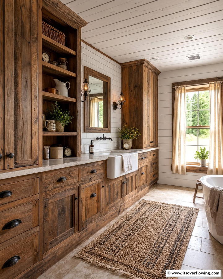 Reclaimed Wood Cabinets - 21 Country Bathroom Ideas with Vintage Farmhouse Charm