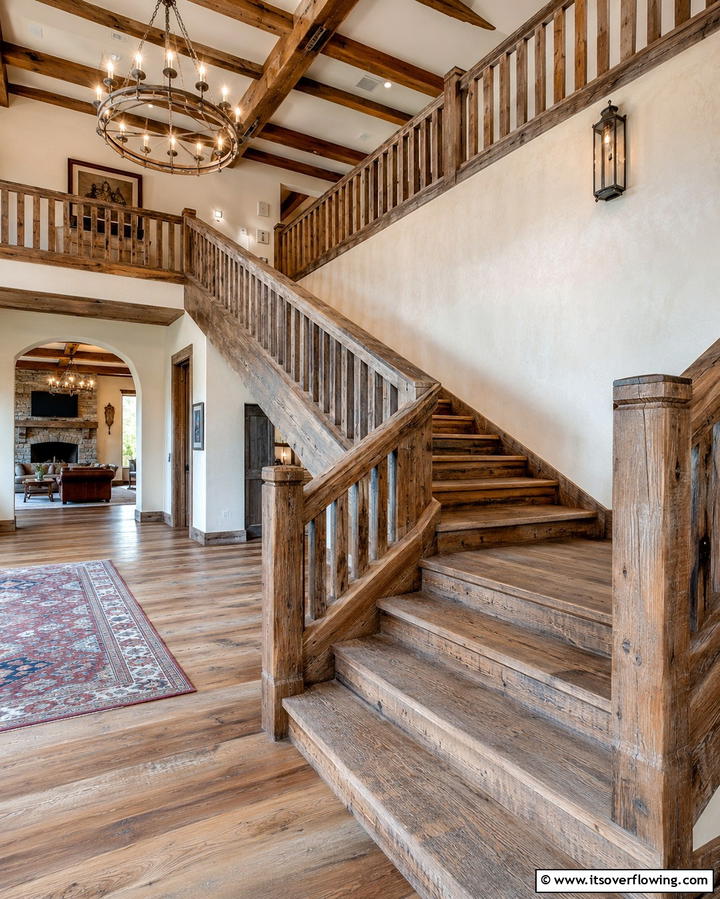 Reclaimed Wood Charm - 30 Rustic Farmhouse Stair Railing Ideas & Designs