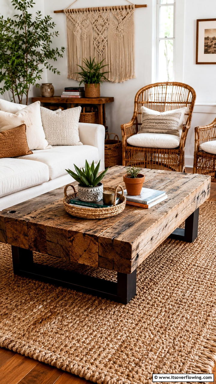 Reclaimed Wood Coffee Table - 30 Boho Farmhouse Decor Ideas for Eclectic Charm