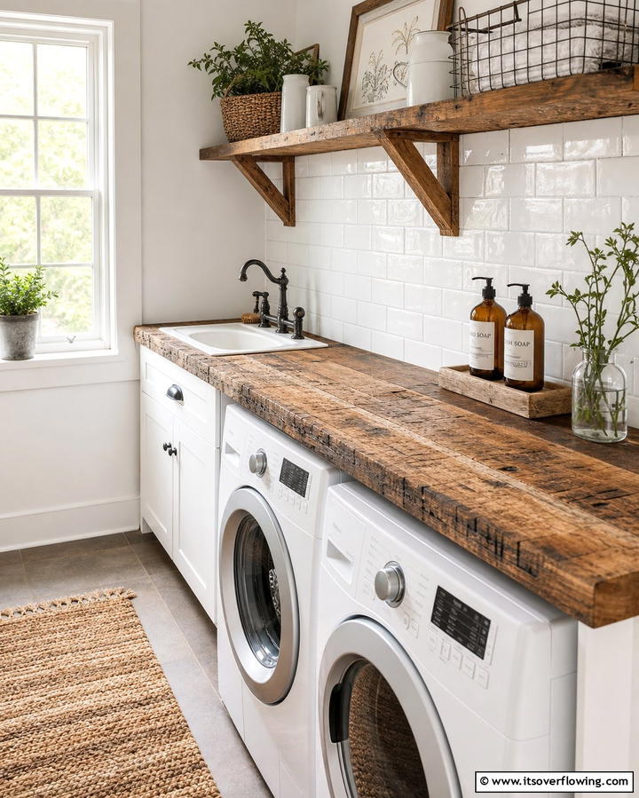 Reclaimed Wood Countertops for Sustainability - 25 Farmhouse Laundry Room Ideas for Function and Style