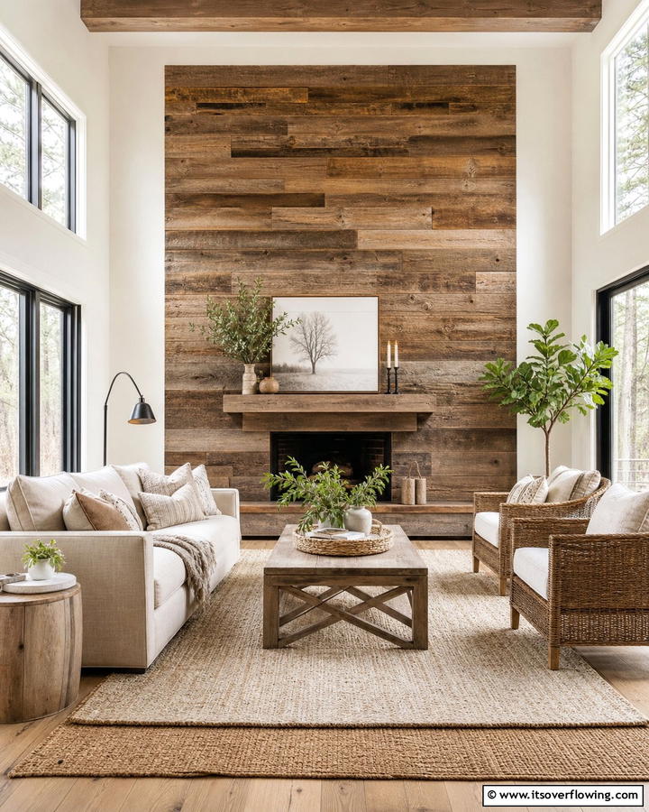 Reclaimed Wood Feature Wall - 21 Farmhouse Decor Ideas to Add Rustic Charm
