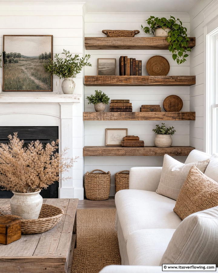 Reclaimed Wood Floating Shelves for Sustainability - 20 Fireplace Floating Shelves Design Ideas for Cozy Homes