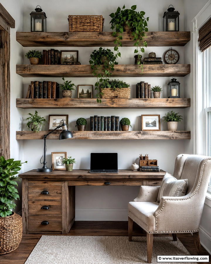 Reclaimed Wood Floating Shelves - 30 Rustic Home Office Ideas for a Cozy Workspace
