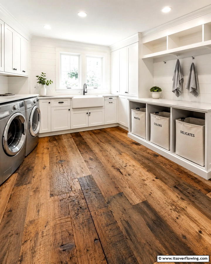 Reclaimed Wood Flooring - 30 Rustic Laundry Room Ideas for Functional Farmhouse Style