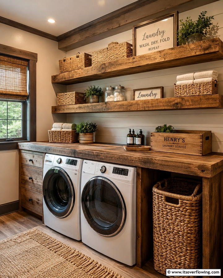 Reclaimed Wood Laundry Shelves - 30 Laundry Room Shelf Ideas- Maximize Storage & Efficiency