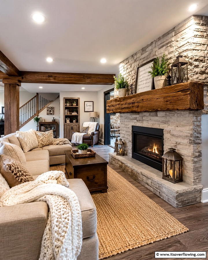 Reclaimed Wood Mantel Fireplace - 25 Cozy Basement Fireplace Ideas for Warm Gatherings