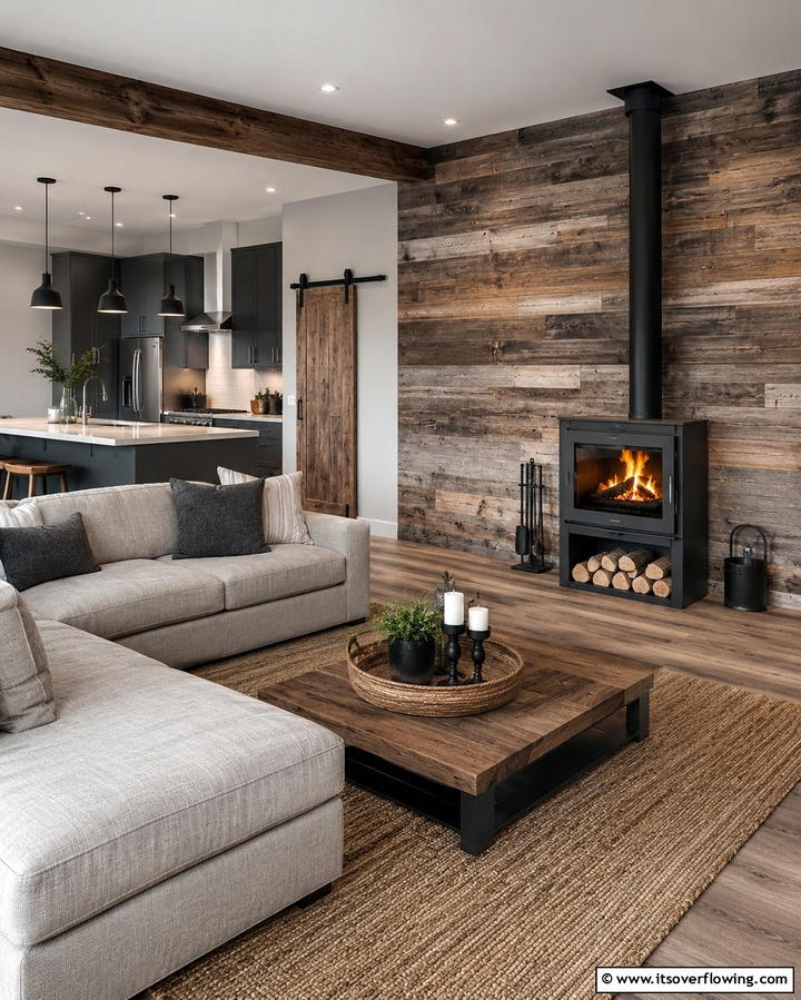 Reclaimed Wood Panels for a Sustainable Touch - 30 Cozy Wood Stove Surround Design Inspirations