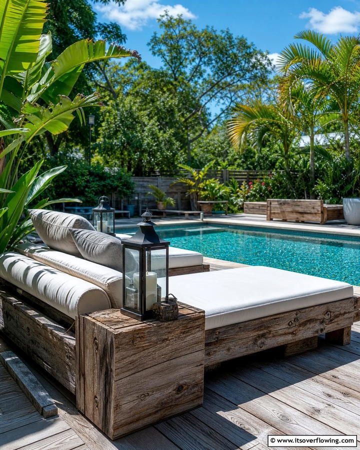 Reclaimed Wood Poolside Lounge - 21 Budget Backyard Pool Ideas for Affordable Summer Fun