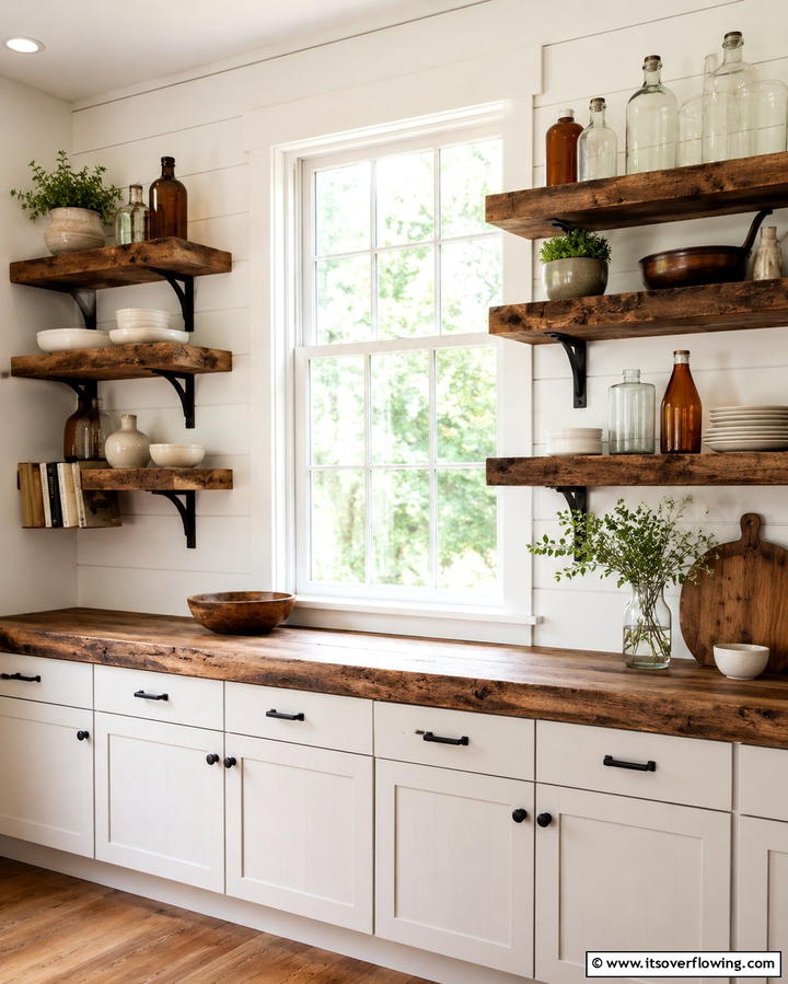 Reclaimed Wood Shelves - 30 Charming White Farmhouse Kitchen Inspirations