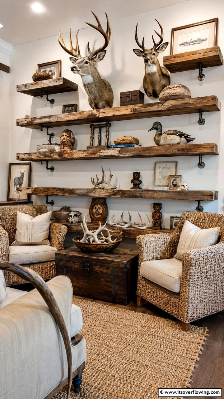Reclaimed Wood Shelves - 30 Hunting Trophy Room Ideas for Rustic Decor