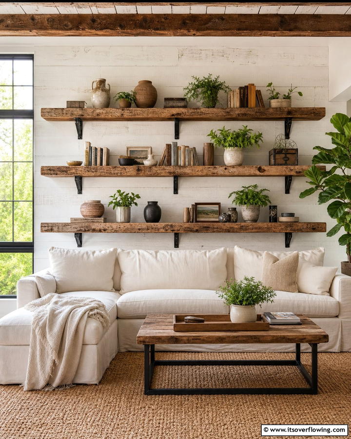 Reclaimed Wood Shelves for Eco Friendly Style - 20 Primitive Living Room Ideas for a Rustic Look