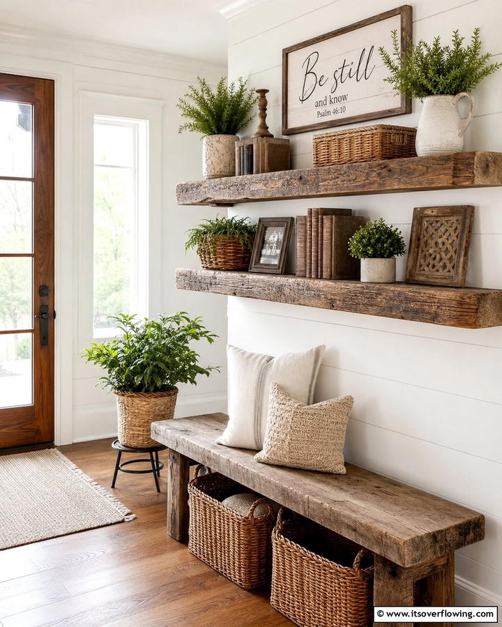 Reclaimed Wood Shelves - 25 Farmhouse Entryway Ideas for a Warm and Welcoming First Impression