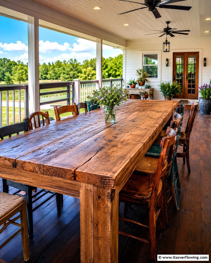 Reclaimed Wood Table - 25 Farmhouse Porch Ideas for a Cozy Outdoor Retreat