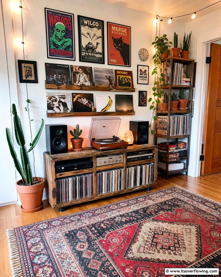 Record Player and Vinyl Display - 20 Unique Indie Room Ideas for a Boho Vibe