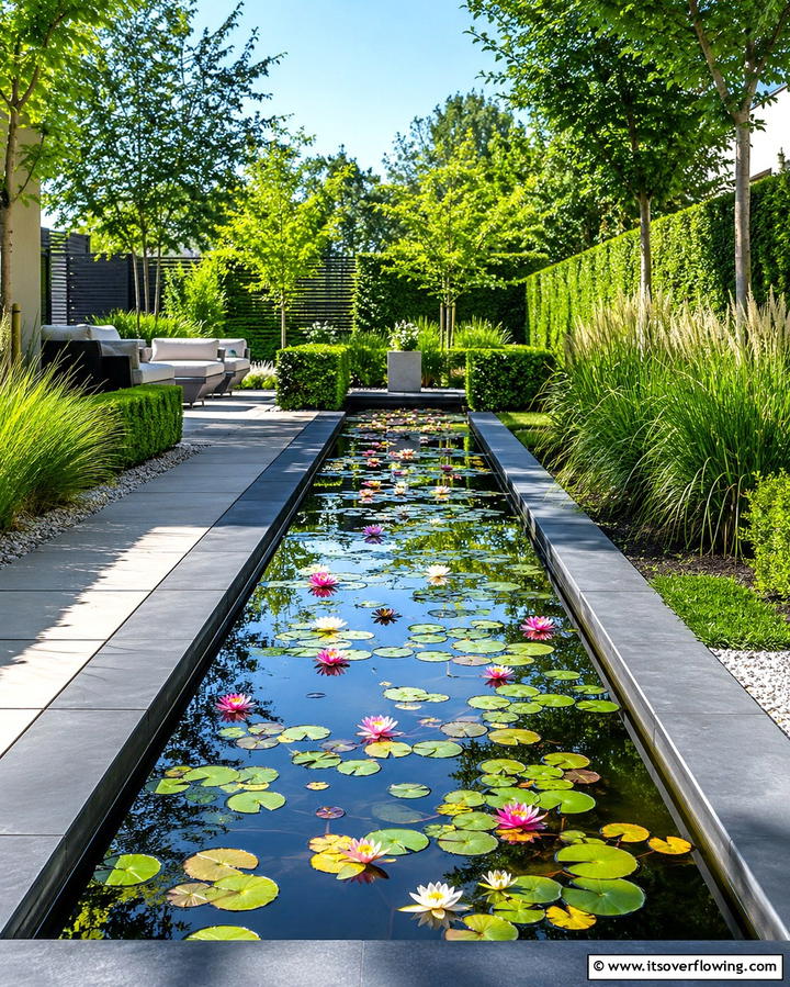 Rectangular Pool with Floating Water Lilies - 20 Small Garden Reflecting Pool Ideas for Serenity