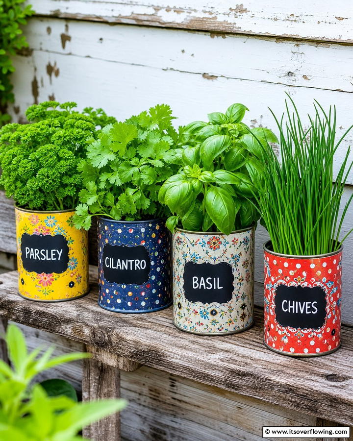 Recycled Tin Can Herb Garden - 30 Budget Small Garden Ideas to Transform Outdoor Space