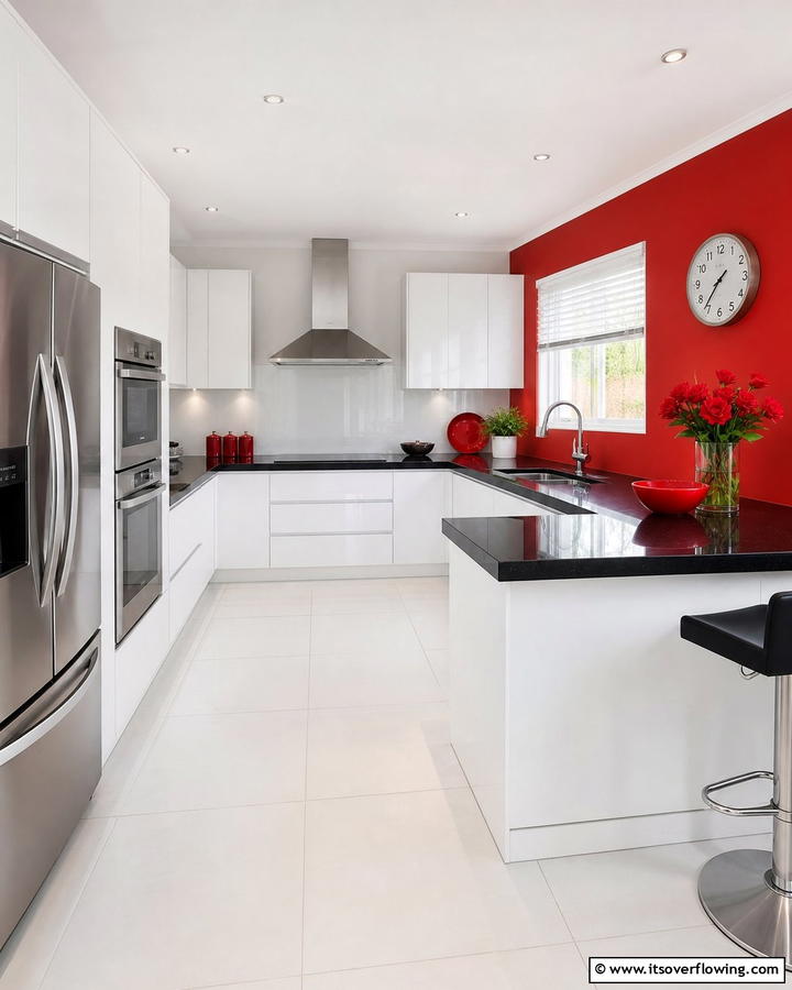 Red Accent Wall in a White Kitchen - 17 Red Kitchen Design Ideas for Bold Contemporary Spaces