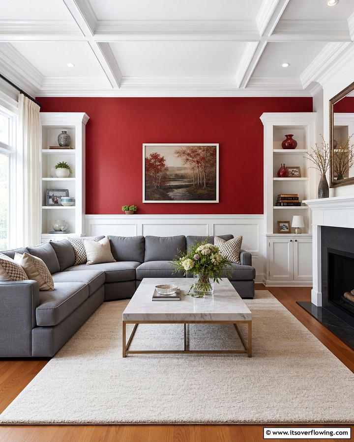 Red Accent Walls with White Trim - 17 Red Living Room Ideas for Dramatic Modern Interiors