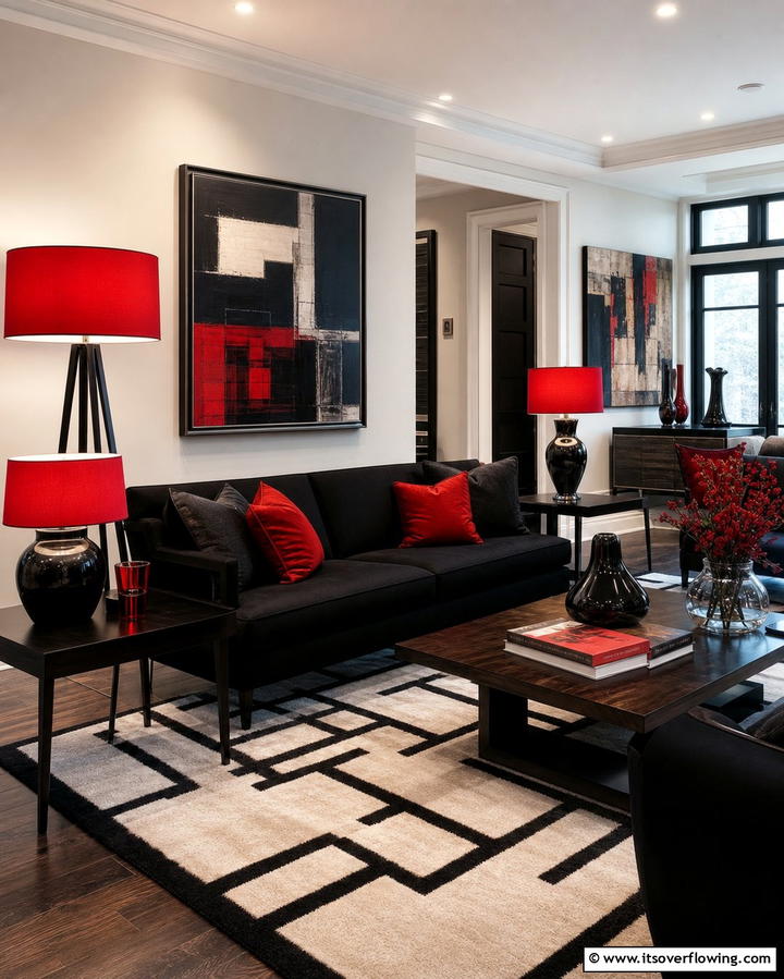 Red Area Lighting - 25 Black and Red Living Room Ideas for a Dramatic Look