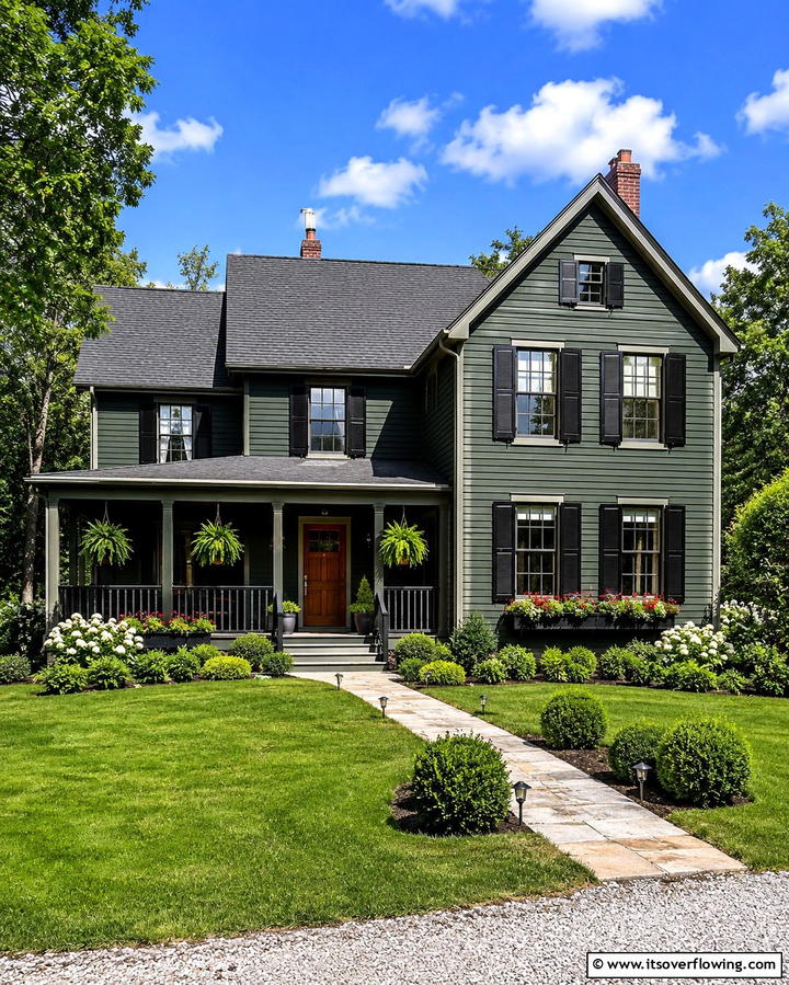 Red Brick Accents - 30 Stunning Dark Green Exterior House Designs for Curb Appeal