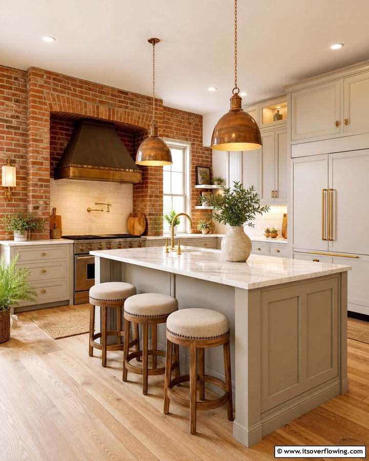 Red Brick Combined with Neutral Tones - 20 Red Brick Kitchen Ideas for a Rustic Charm