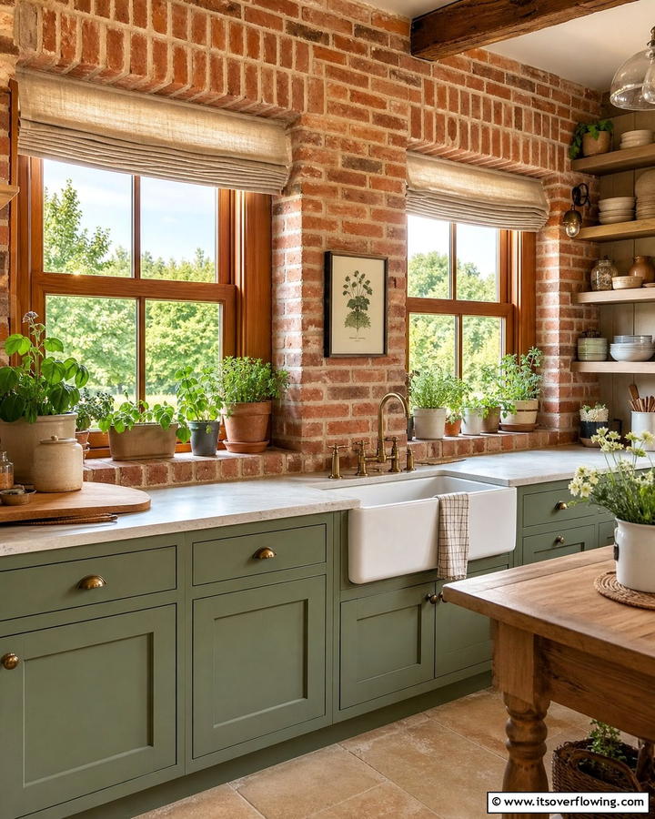Red Brick Framed Windows - 20 Red Brick Kitchen Ideas for a Rustic Charm