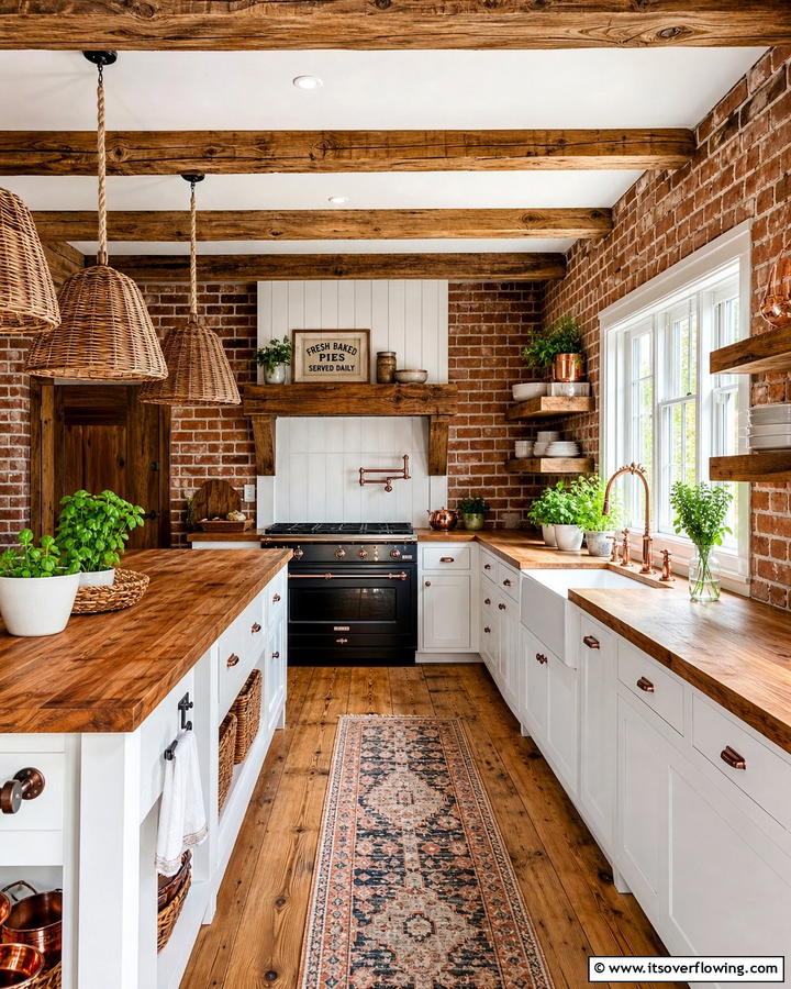 Red Brick Paired with Wooden Beams - 20 Red Brick Kitchen Ideas for a Rustic Charm