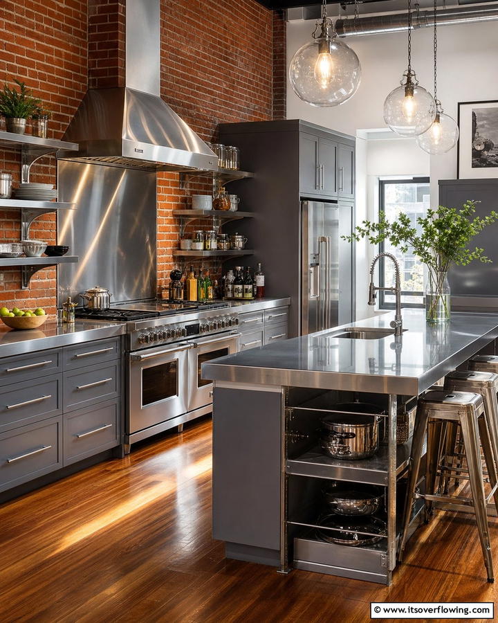 Red Brick and Stainless Steel Combination - 20 Red Brick Kitchen Ideas for a Rustic Charm