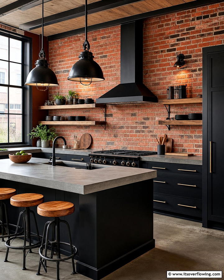 Red Brick with Black Accents - 20 Red Brick Kitchen Ideas for a Rustic Charm
