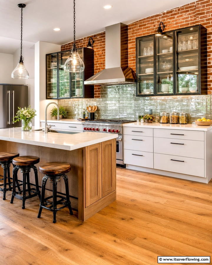 Red Brick with Glass Accents - 20 Red Brick Kitchen Ideas for a Rustic Charm
