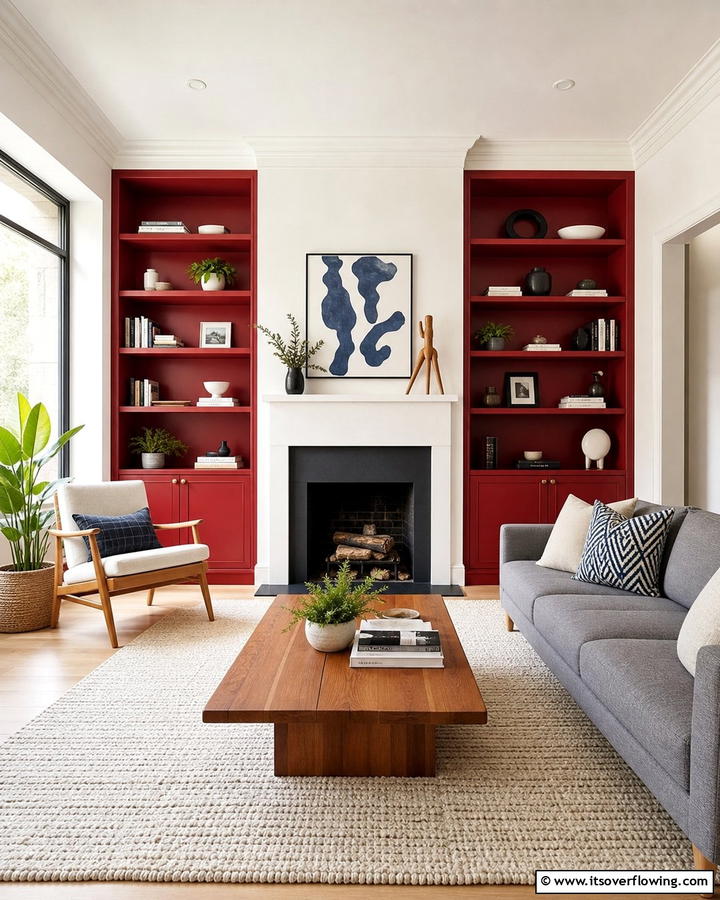 Red Built In Shelving for a Custom Look - 17 Red Living Room Ideas for Dramatic Modern Interiors