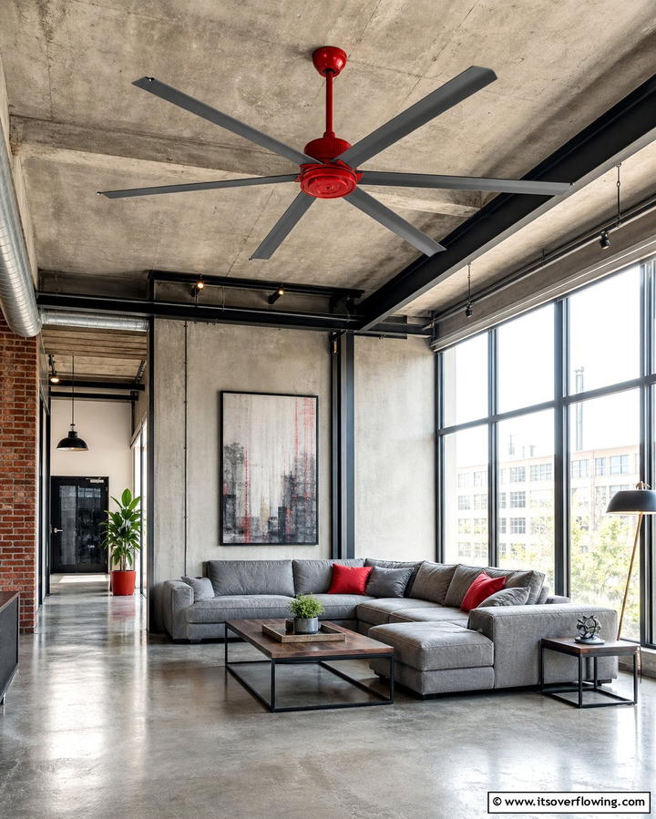Red Ceiling Fan with Grey Blades - 25 Red and Grey Living Room Ideas for a Modern Touch
