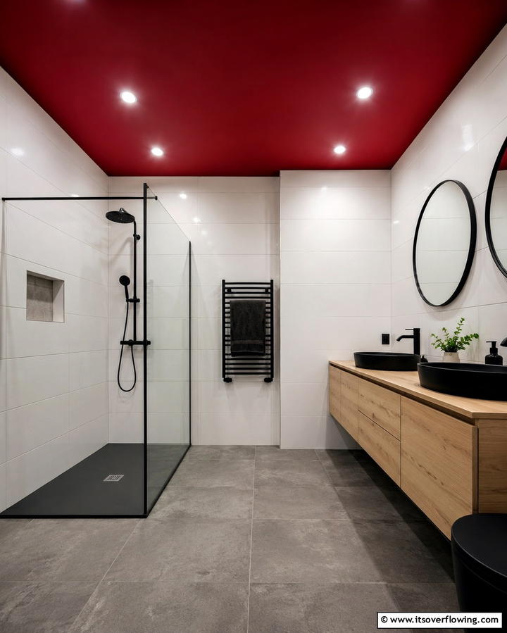 Red Ceiling Highlight - 25 Red Bathroom Ideas for a Luxurious Feel