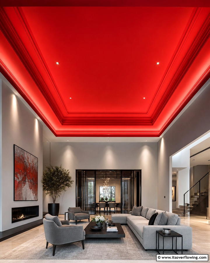 Red Ceiling with Grey Walls - 25 Red and Grey Living Room Ideas for a Modern Touch
