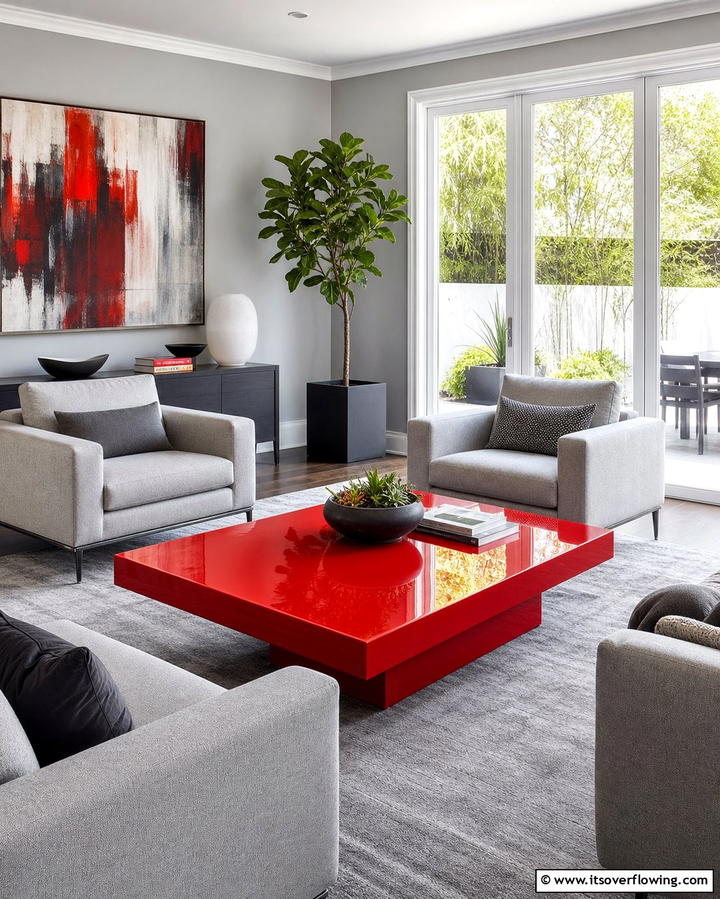 Red Coffee Table with Grey Rug - 25 Red and Grey Living Room Ideas for a Modern Touch